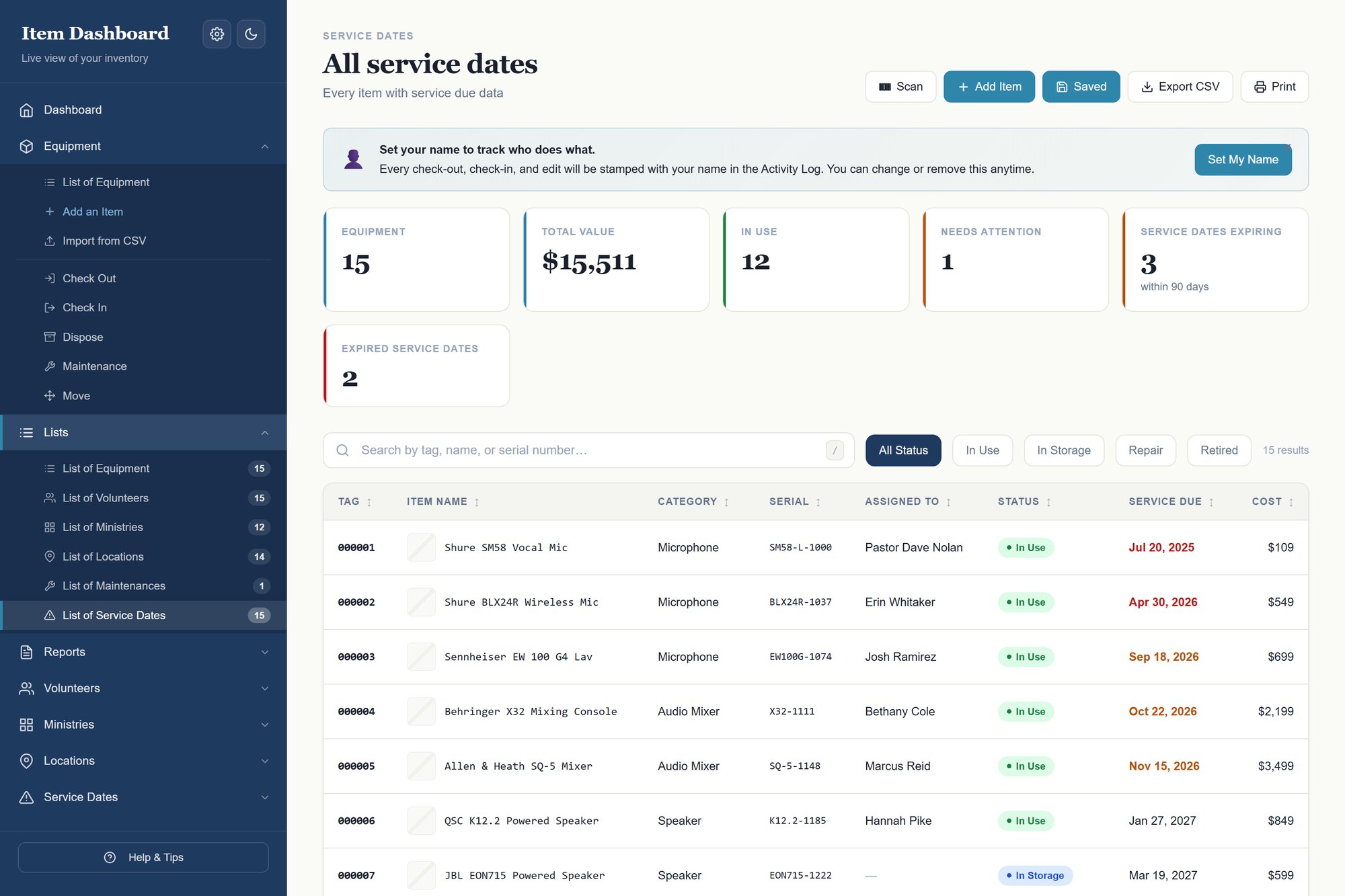 Service dates view