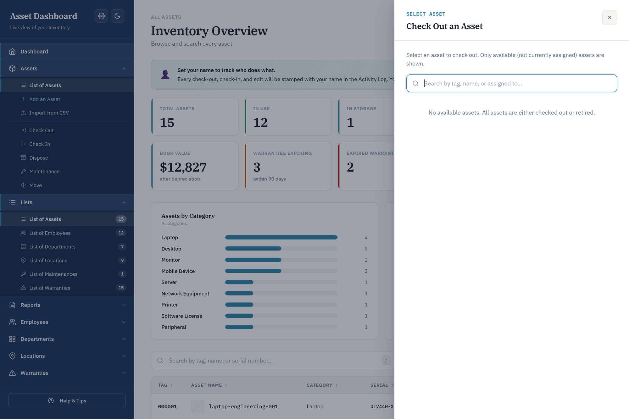 Check out an asset dialog assigning hardware to an employee
