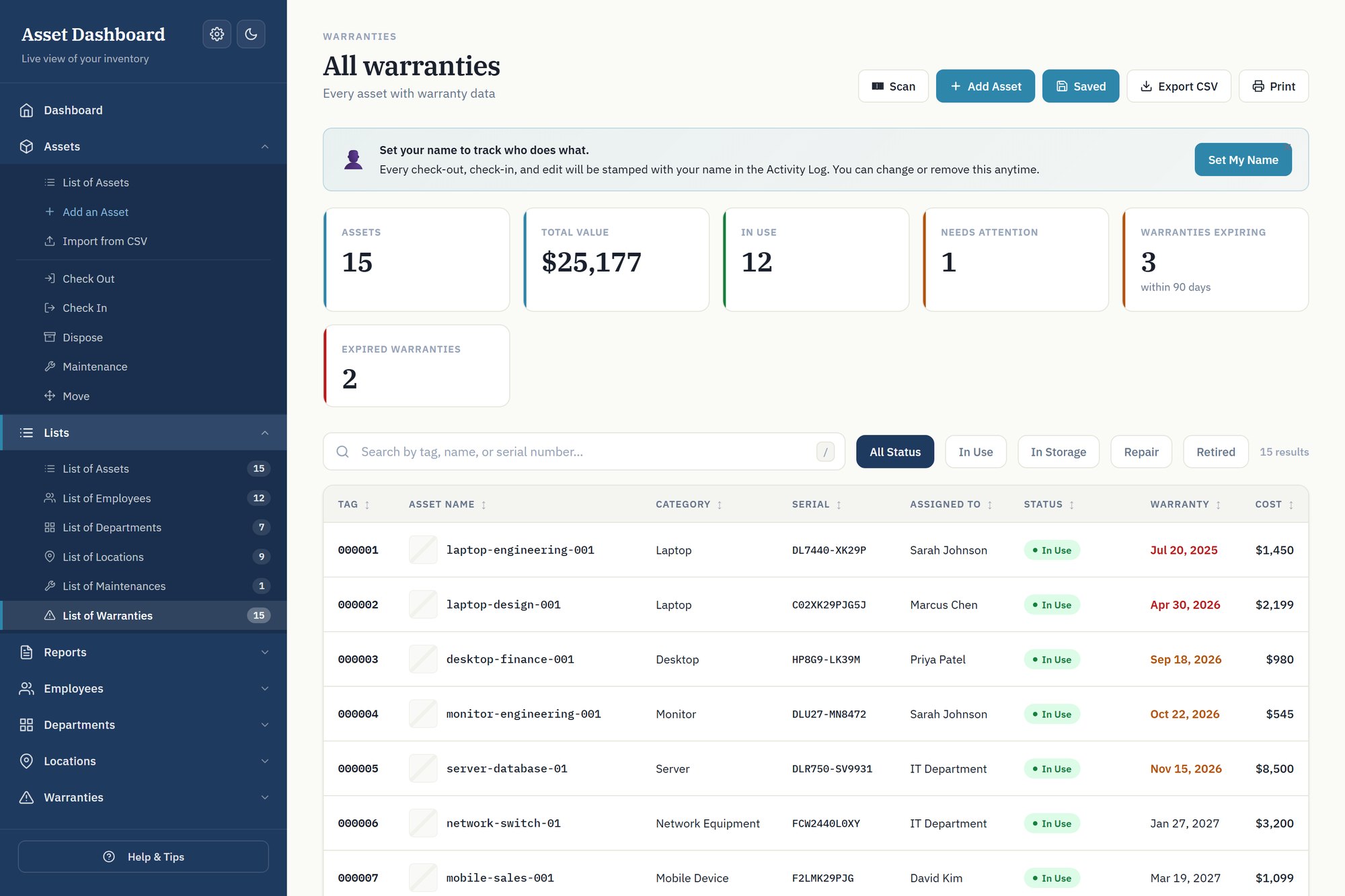 Warranty tracking view grouped by expiry window