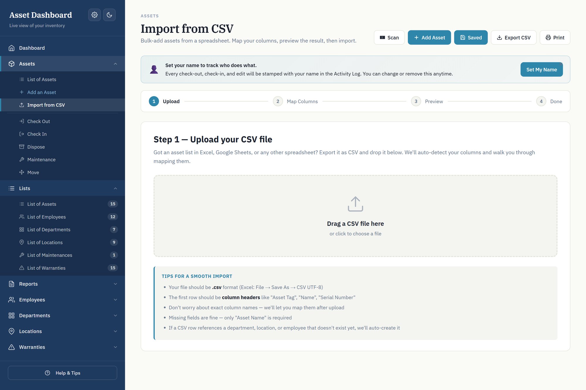 Four step CSV import wizard: upload, map columns, preview, done