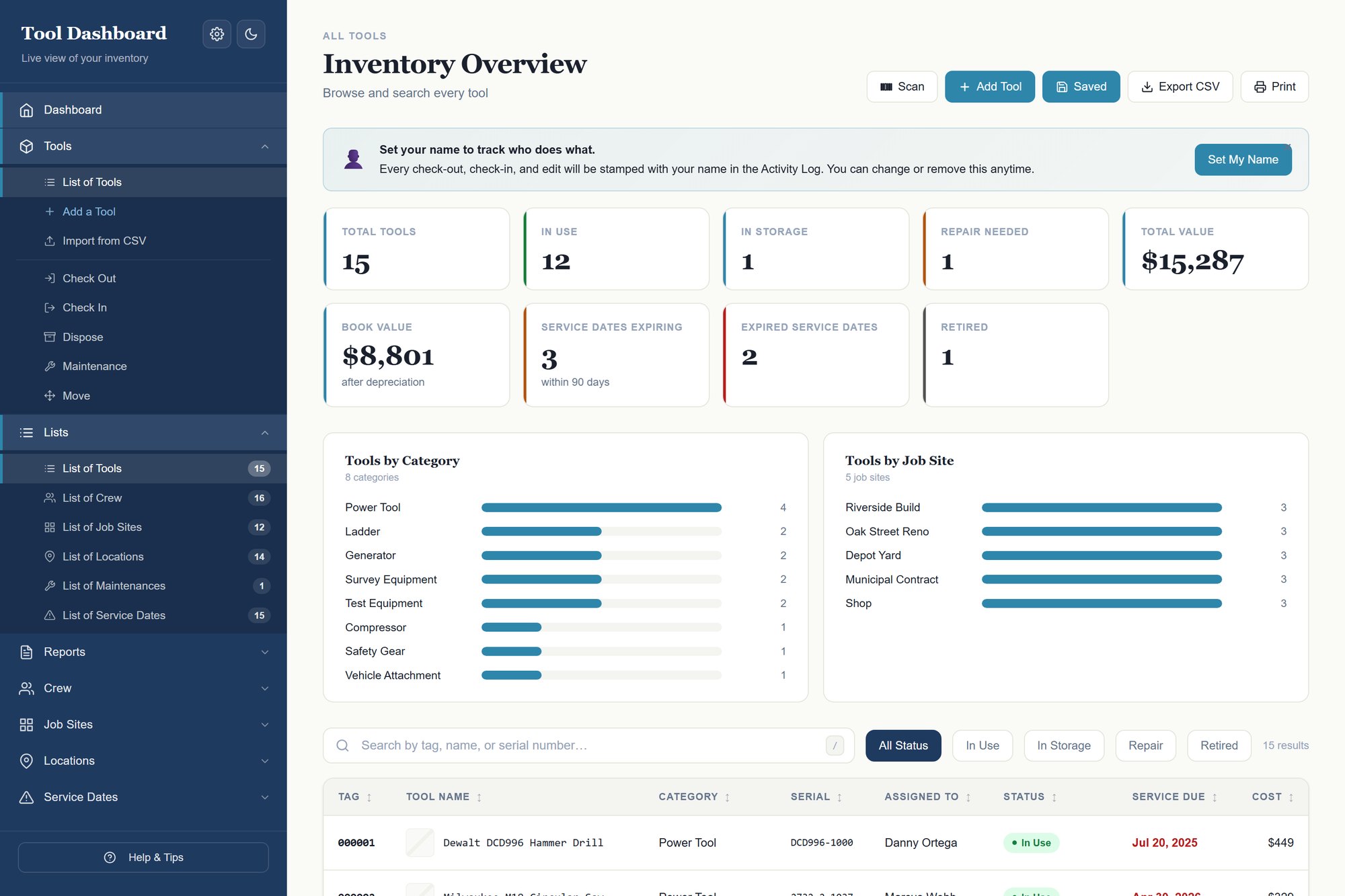 Tool checkout dashboard showing tools, crew and job sites